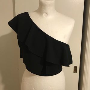 One Shoulder Black ruffle crop Top